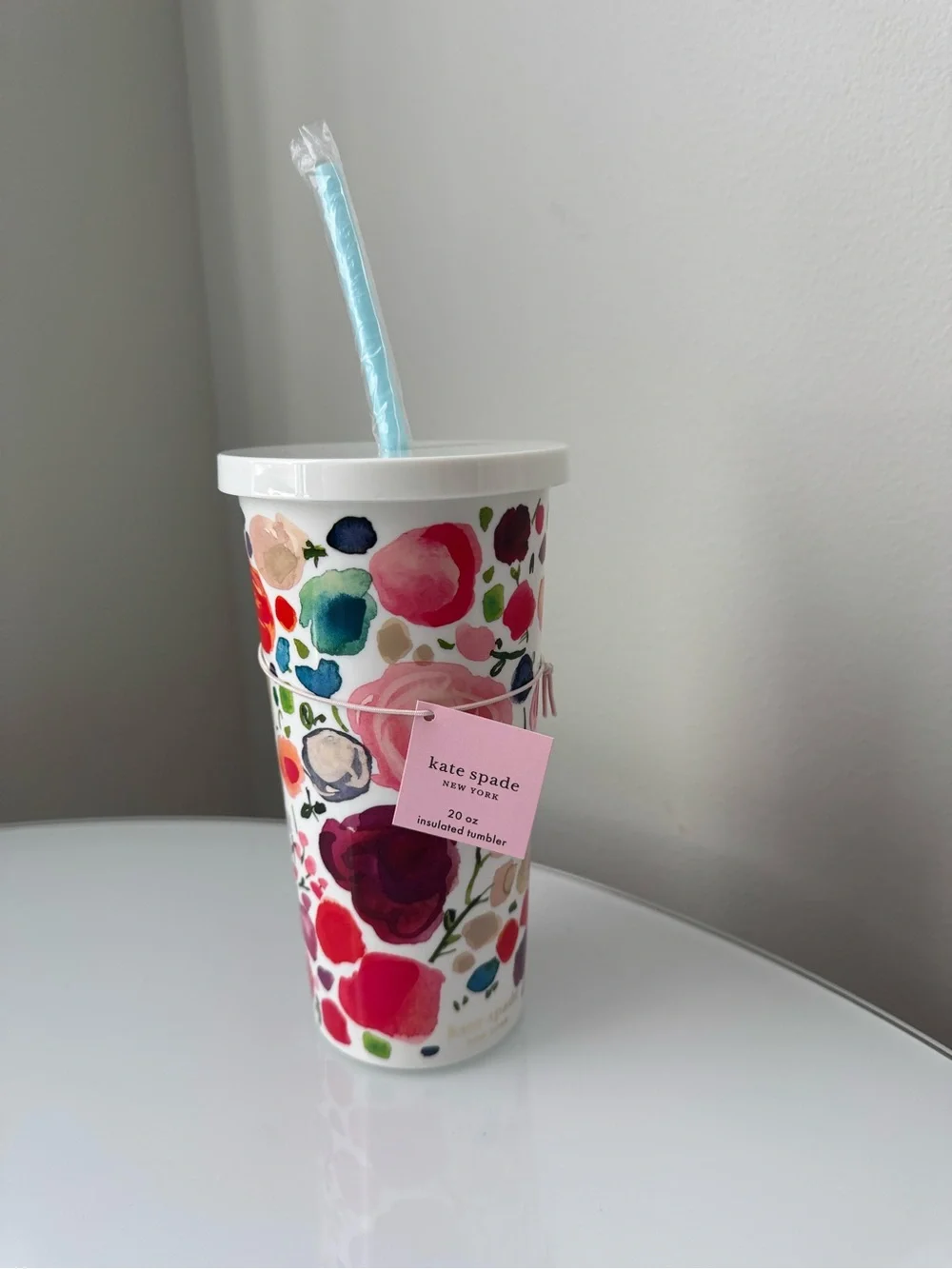 Kate Spade White & Pink Floral Insulated Tumbler Cup With Straw